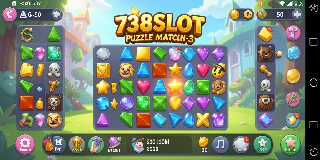 Screenshot gameplay 738SLOT menampilkan keseruan mencocokkan simbol Match-3.