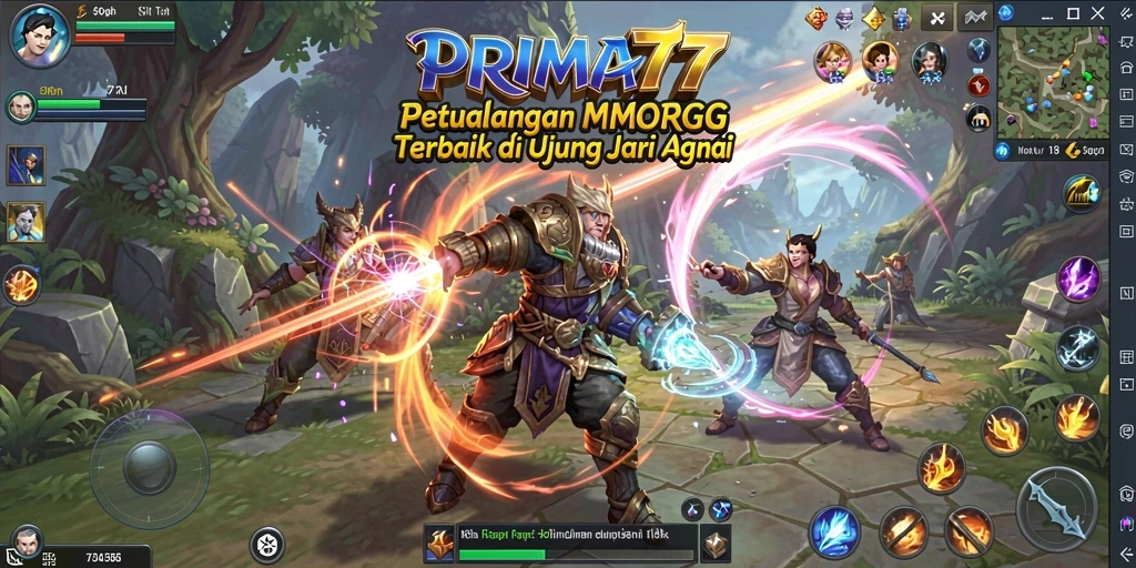 Screenshot gameplay PRIMA77 yang menggambarkan pertempuran epik dan petualangan seru.